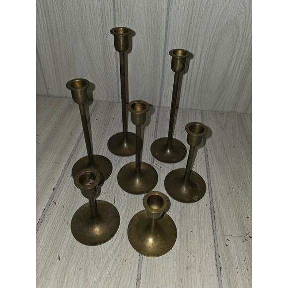 Vintage Brass Graduated Candlestick Holders 9\'\' to 3\'\' 7 PC Hollywood Regency